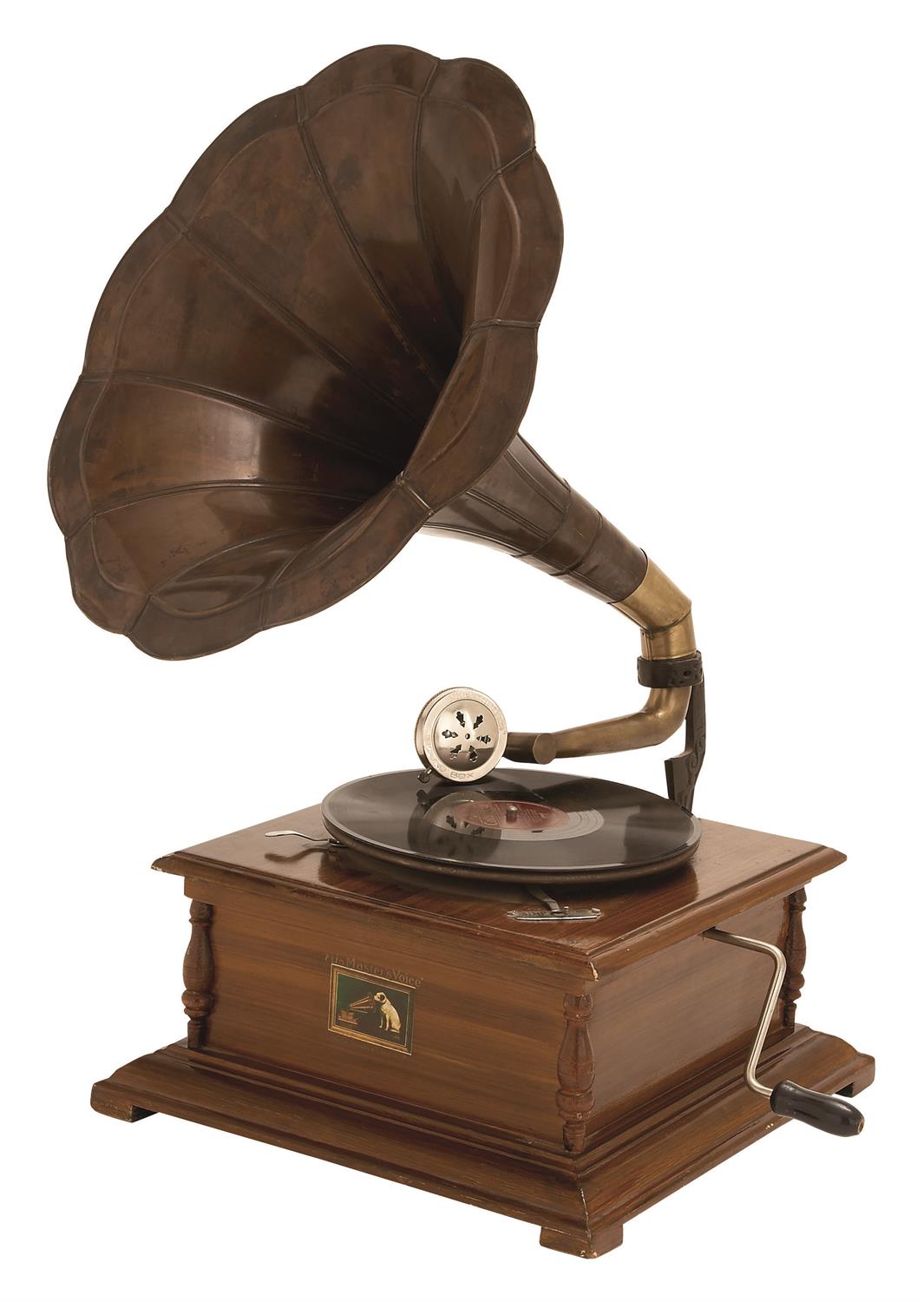 BROWN WOOD FUNCTIONAL GRAMOPHONE WITH RECORD, 19" X 17" X 27"