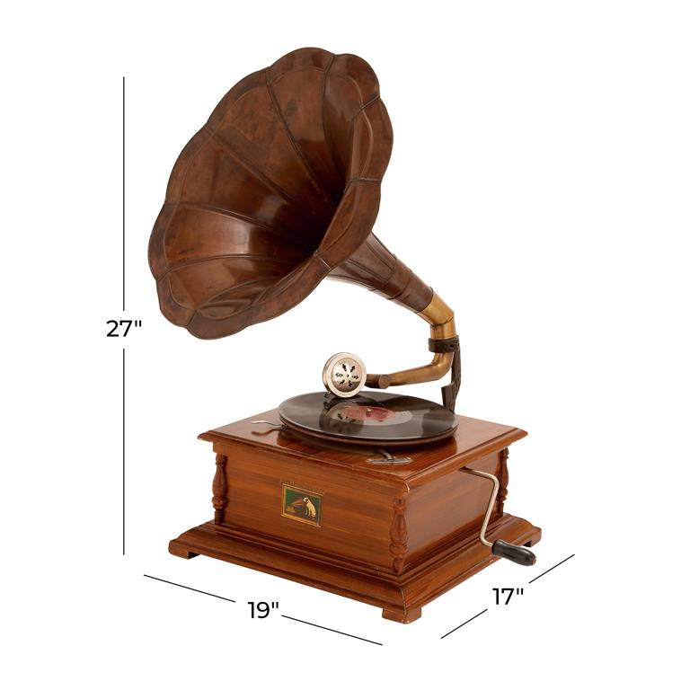 BROWN WOOD FUNCTIONAL GRAMOPHONE WITH RECORD, 19" X 17" X 27"
