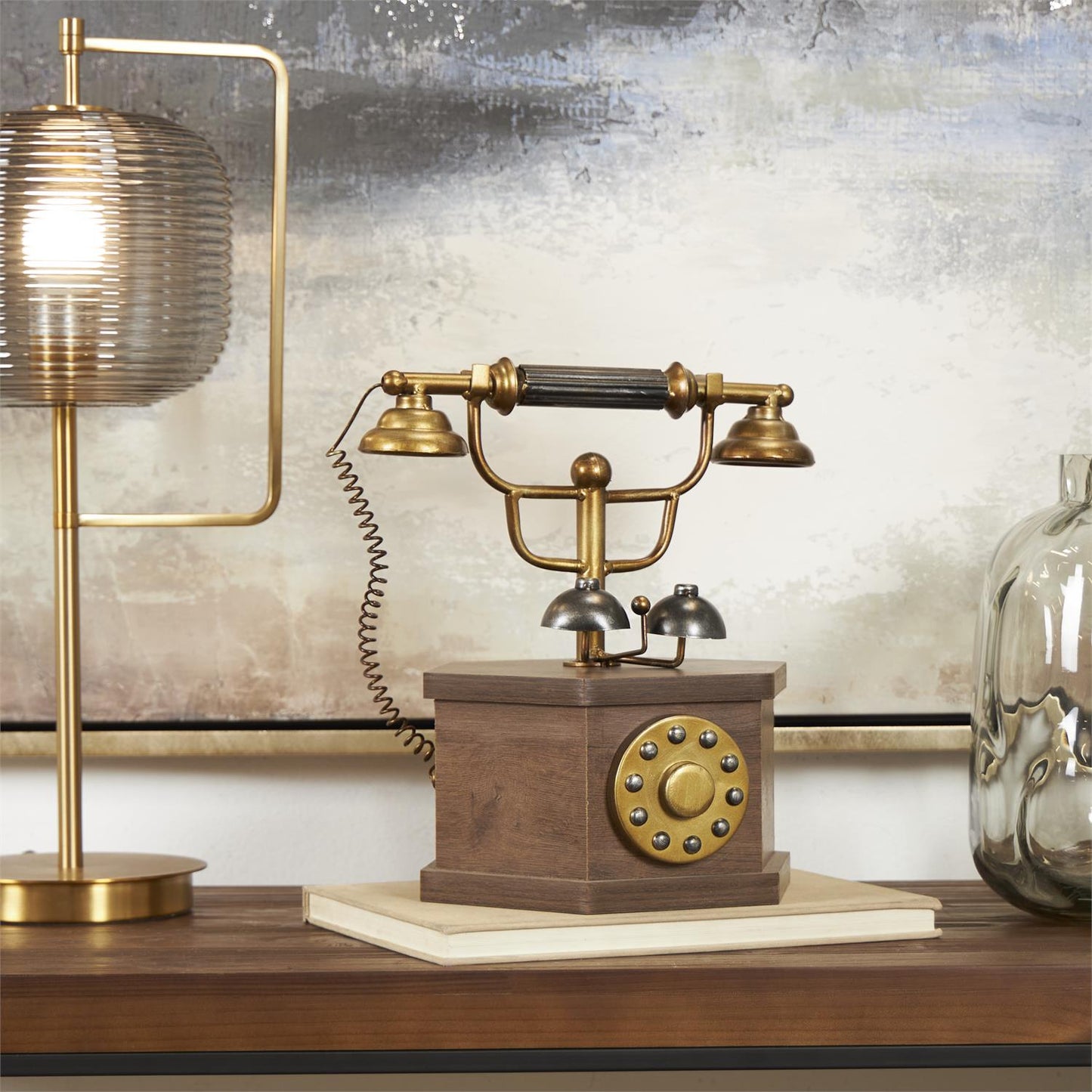 COPPER METAL ANTIQUE STYLE TELEPHONE WITH BROWN WOODEN BASE, 12" X 9" X 13"