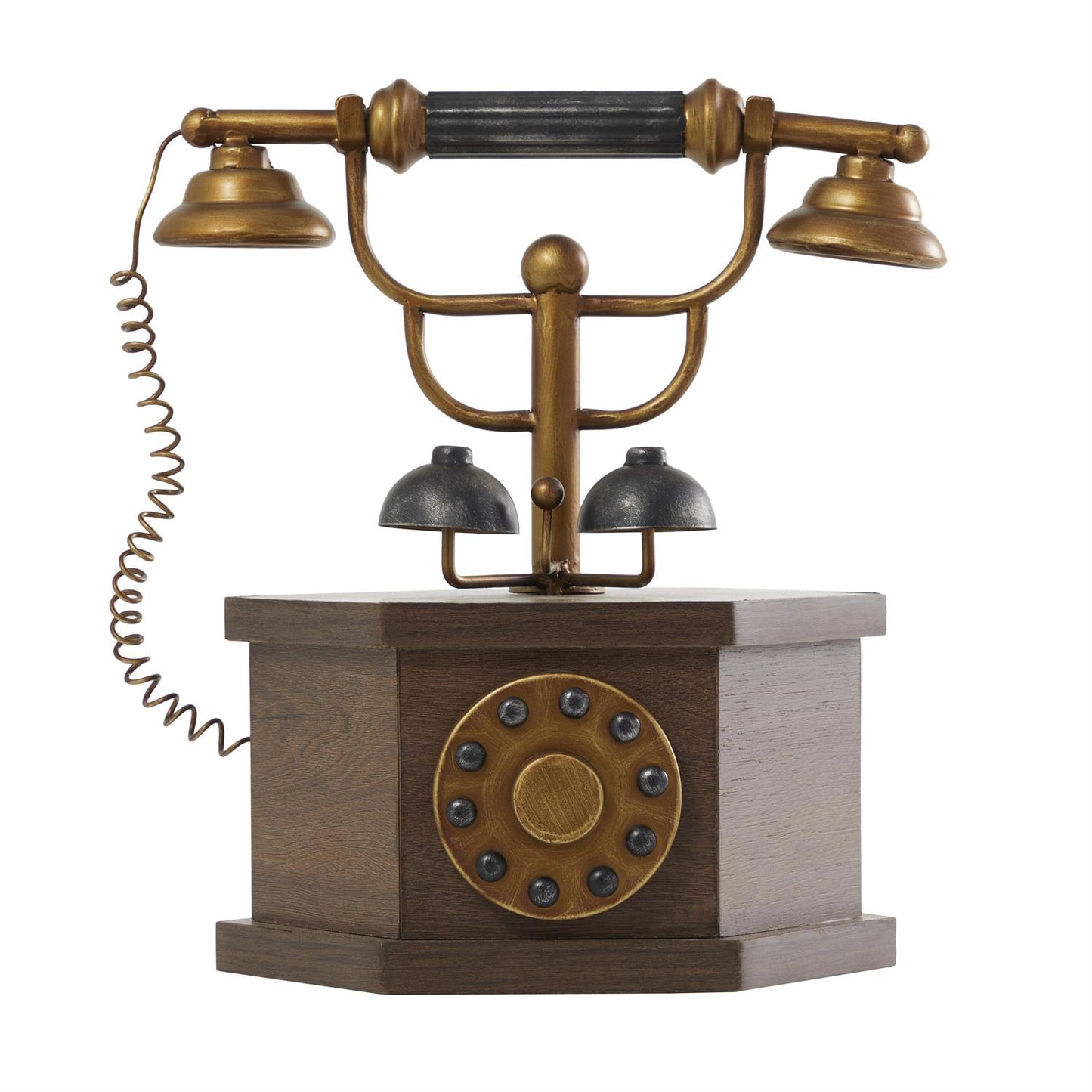 COPPER METAL ANTIQUE STYLE TELEPHONE WITH BROWN WOODEN BASE, 12" X 9" X 13"