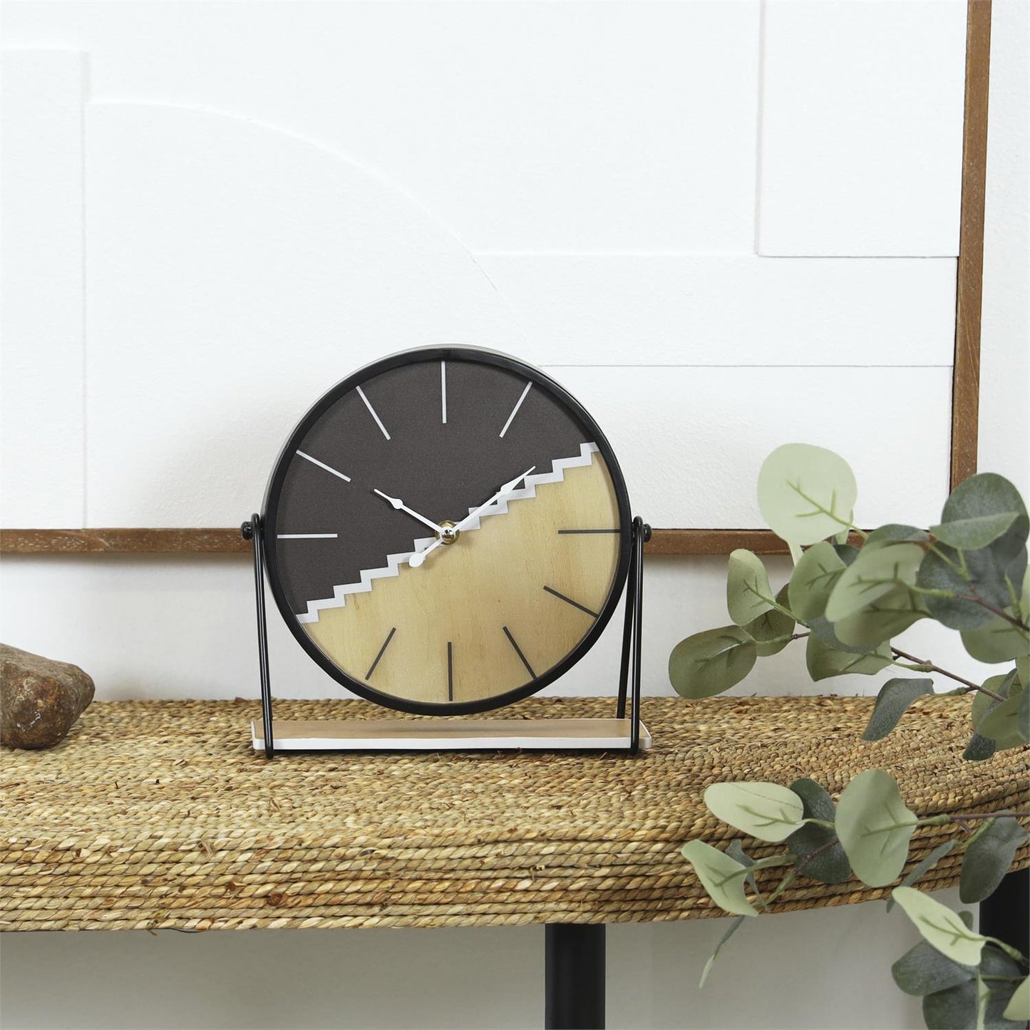 Black Wooden Geometric Clock with Brown Wood Accents, 9" x 3" x 9"