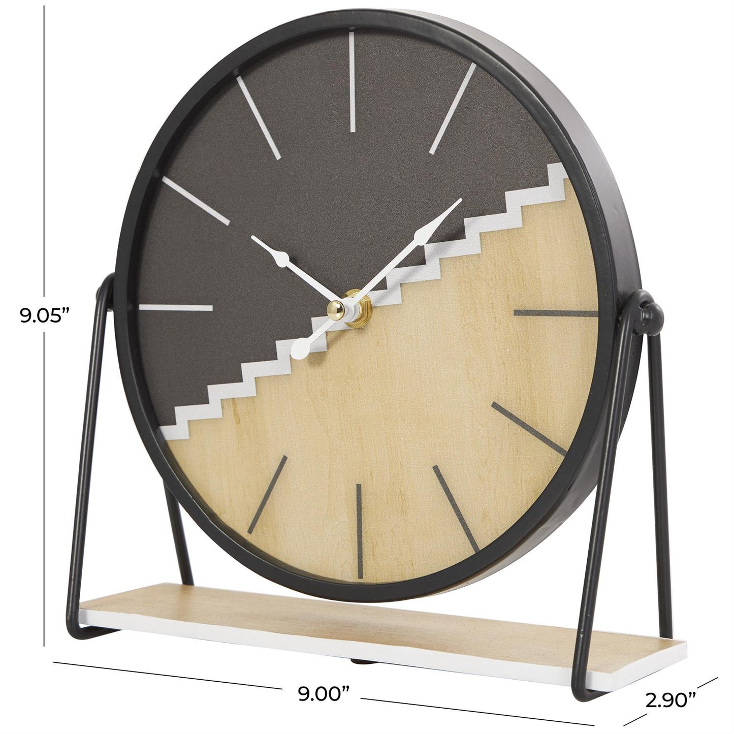 Black Wooden Geometric Clock with Brown Wood Accents, 9" x 3" x 9"