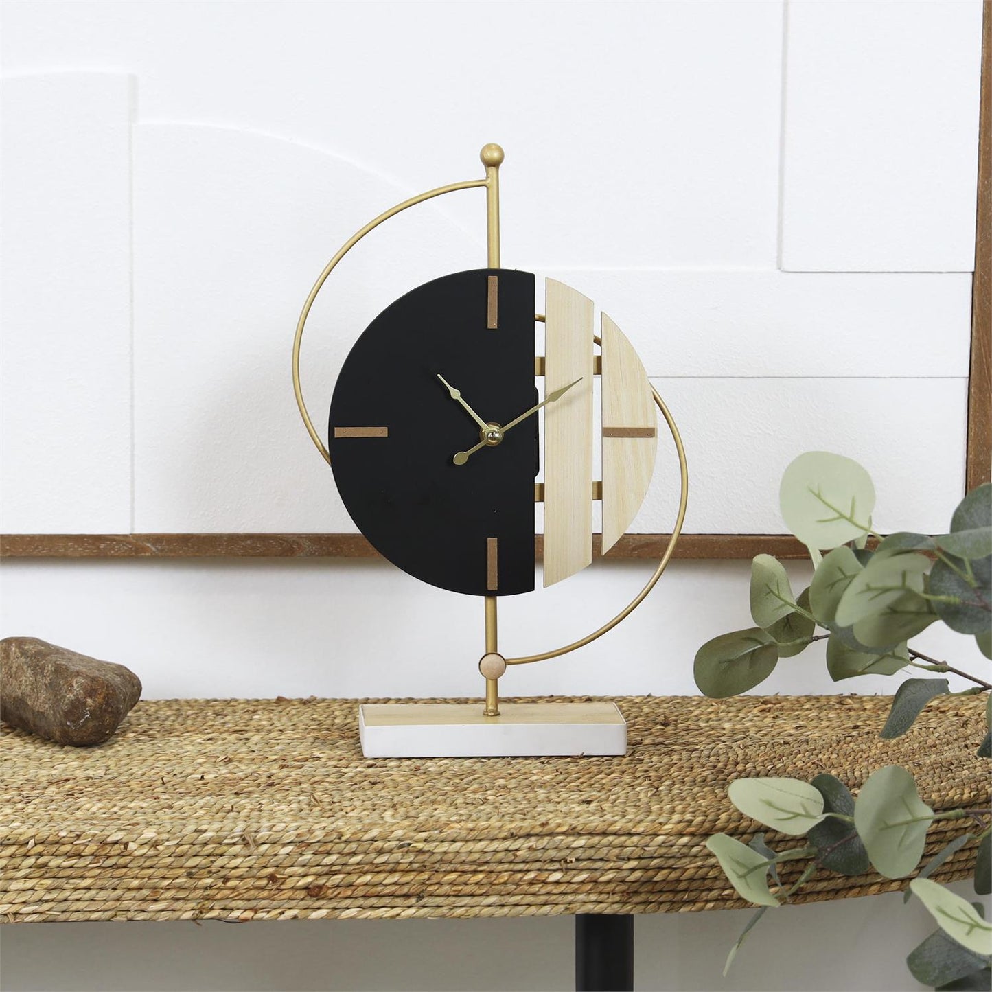 CosmoLiving by Cosmopolitan Black Wooden Geometric Two-Toned Clock with Wood Accents and Gold Semicircle Frame, 9" x 3" x 14"
