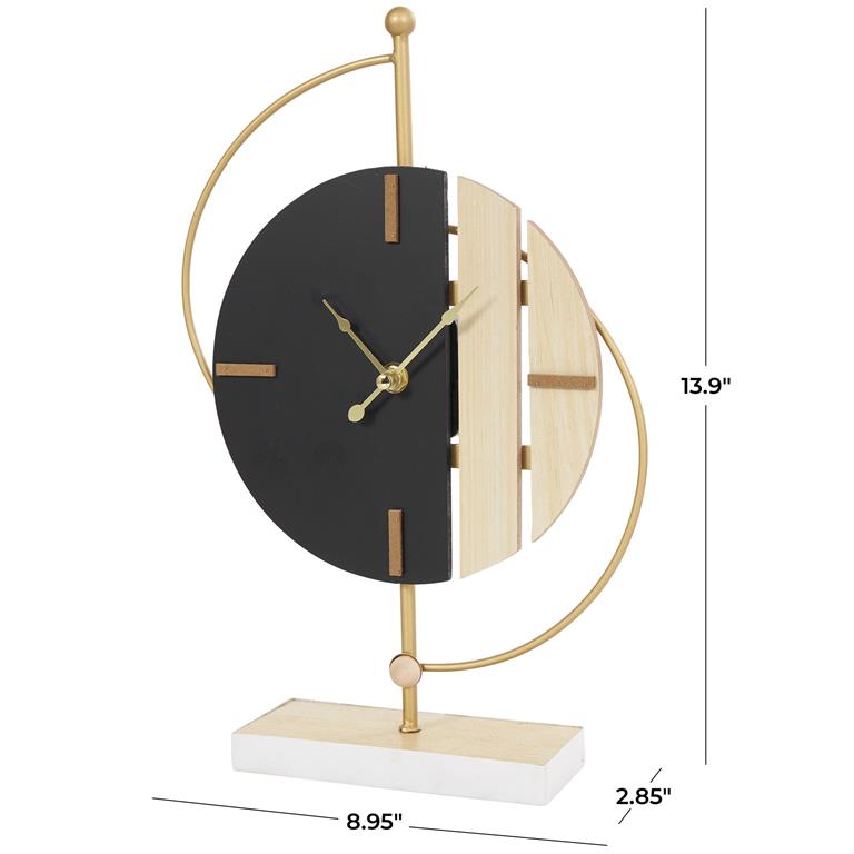 CosmoLiving by Cosmopolitan Black Wooden Geometric Two-Toned Clock with Wood Accents and Gold Semicircle Frame, 9" x 3" x 14"