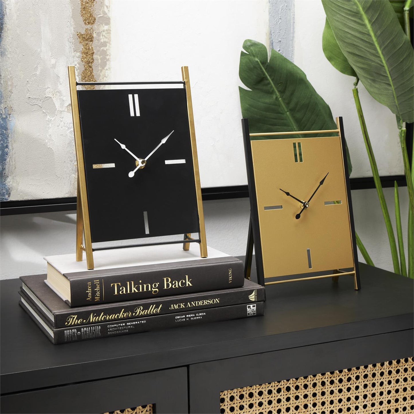 CosmoLiving by Cosmopolitan Black Metal Rectangular Angled Clock with Gold Accents and Cutout Tick Hour Markers, Set of 2 7"W, 10"H