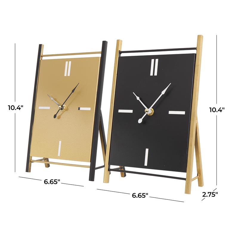CosmoLiving by Cosmopolitan Black Metal Rectangular Angled Clock with Gold Accents and Cutout Tick Hour Markers, Set of 2 7"W, 10"H