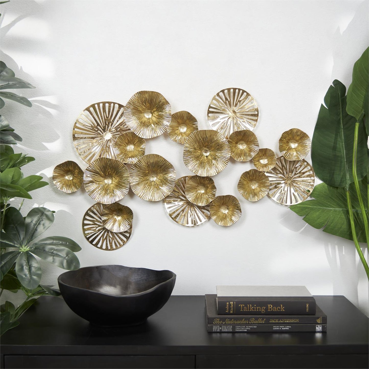 GOLD METAL FLORAL TEXTURED OVERLAPPING DISK WALL DECOR WITH CUTOUTS, 30" X 2" X 17"