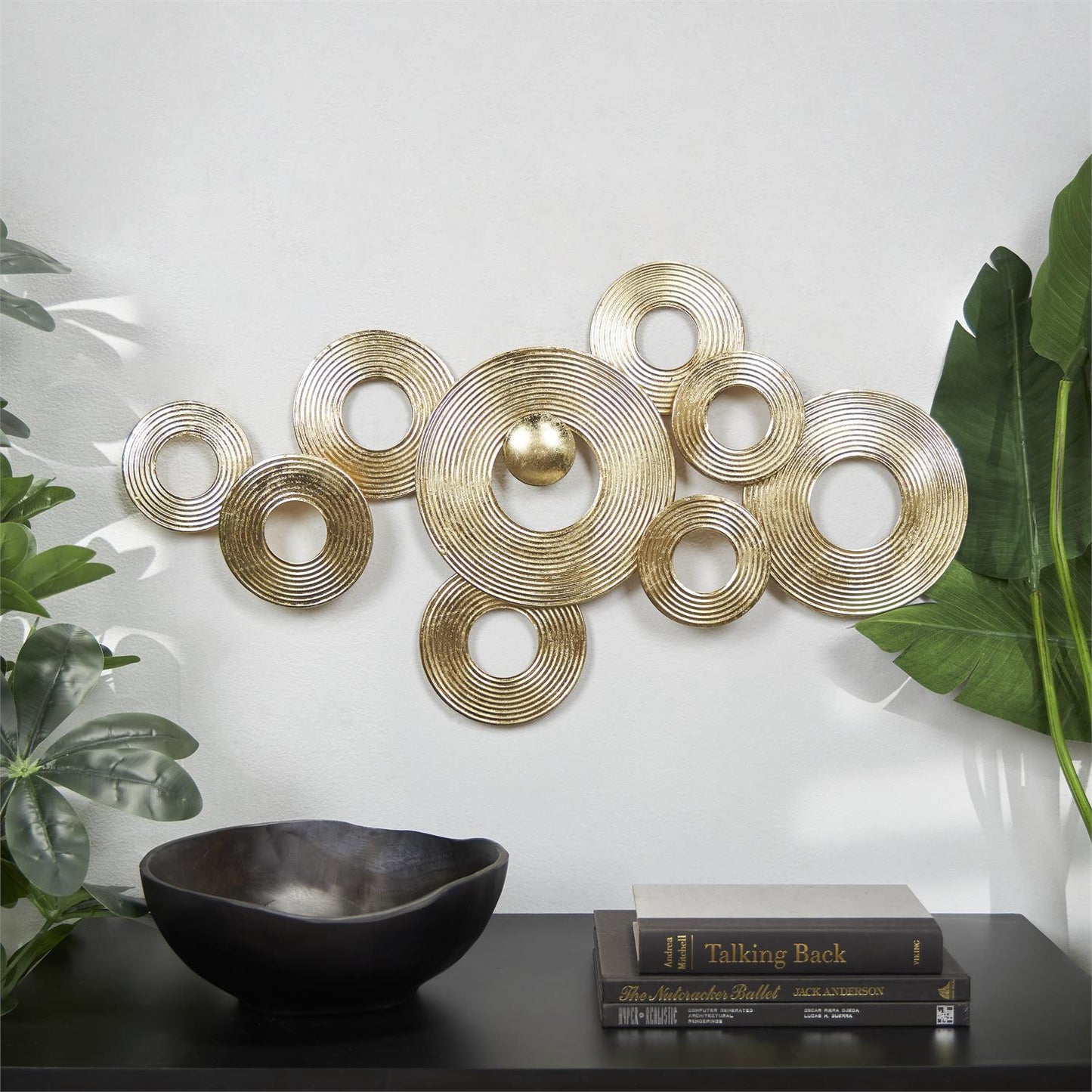 GOLD METAL ABSTRACT STACKED CIRCLE RING WALL DECOR WITH GROOVE TEXTURE, 30" X 2" X 16"