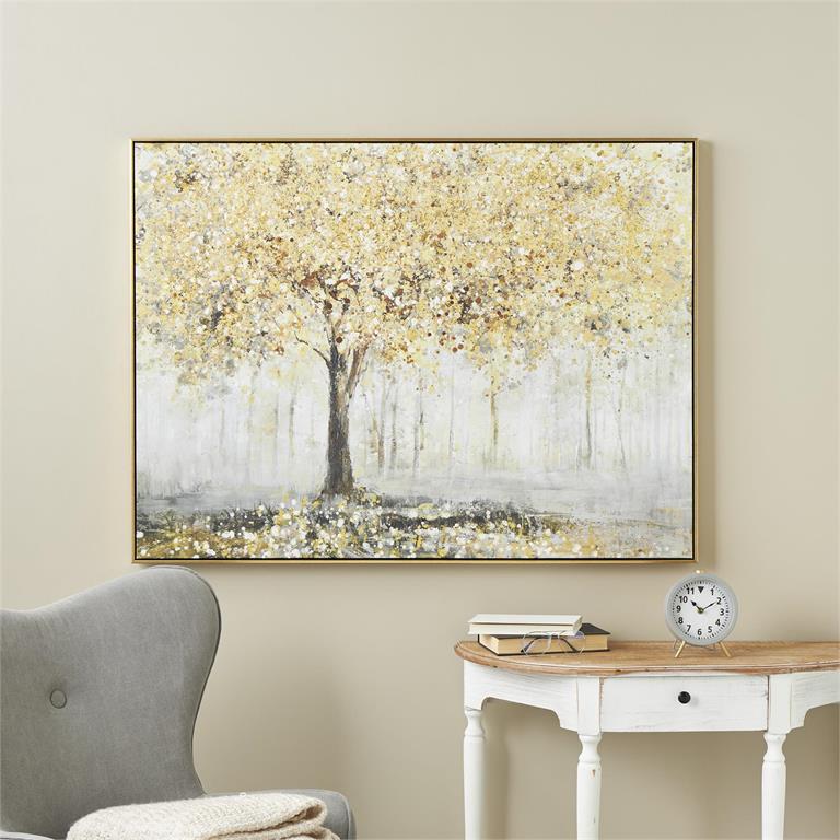 GOLD CANVAS LANDSCAPE PAINT SPLATTER FOREST FRAMED WALL ART, 47" X 2" X 36"