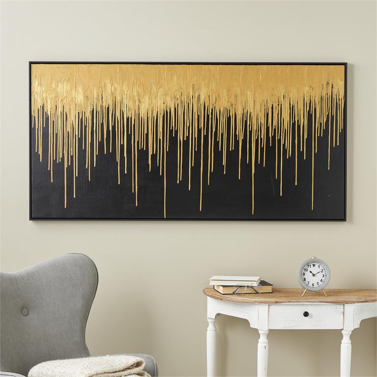GOLD CANVAS ABSTRACT MELTING DRIP FRAMED WALL ART WITH BLACK FRAME, 59" X 2" X 30"