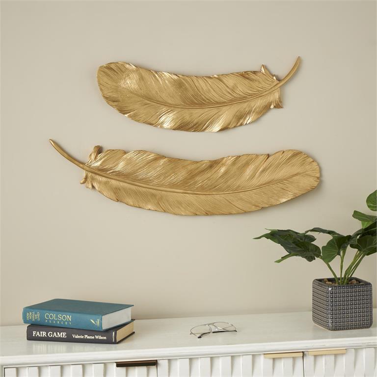 GOLD RESIN BIRD FEATHER WALL DECOR, SET OF 2 30", 23"W