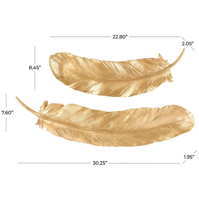 GOLD RESIN BIRD FEATHER WALL DECOR, SET OF 2 30", 23"W