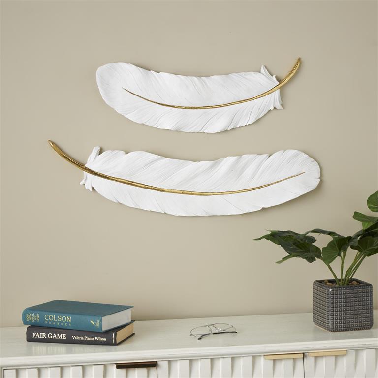 WHITE RESIN BIRD FEATHER WALL DECOR WITH GOLD FOIL ACCENT, SET OF 2 30", 23"W