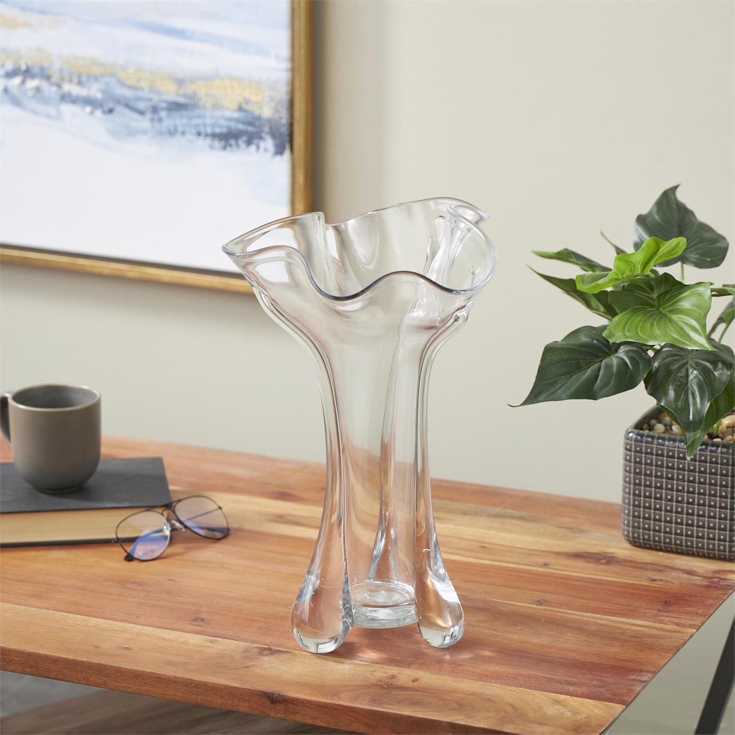Clear Glass Abstract Fluted Tulip Vase, 9" x 9" x 16"