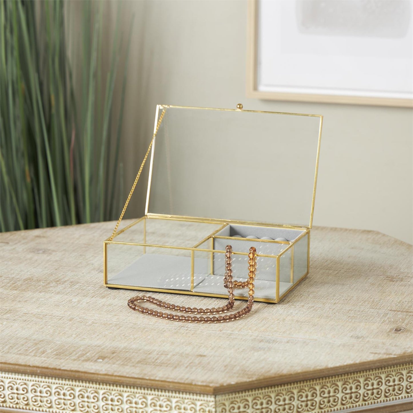 Clear Glass Jewelry Box with Gold Metal Frame and Gray Fabric Interior with Ring Slots, 9" x 6" x 3"