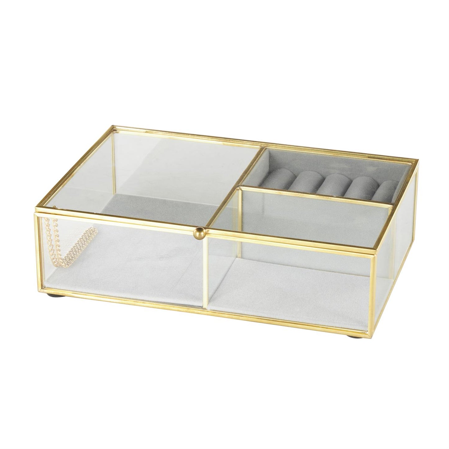 Clear Glass Jewelry Box with Gold Metal Frame and Gray Fabric Interior with Ring Slots, 9" x 6" x 3"