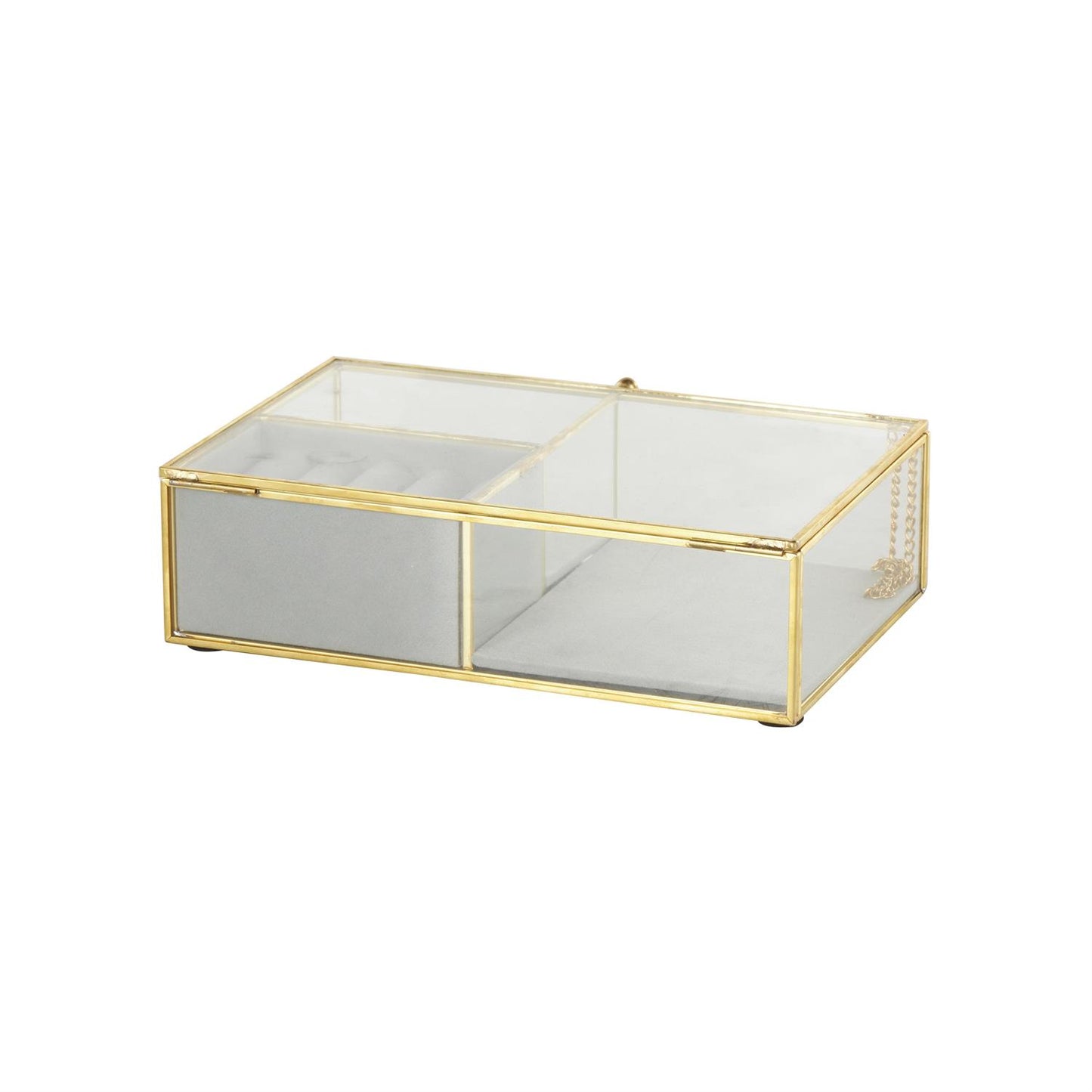 Clear Glass Jewelry Box with Gold Metal Frame and Gray Fabric Interior with Ring Slots, 9" x 6" x 3"