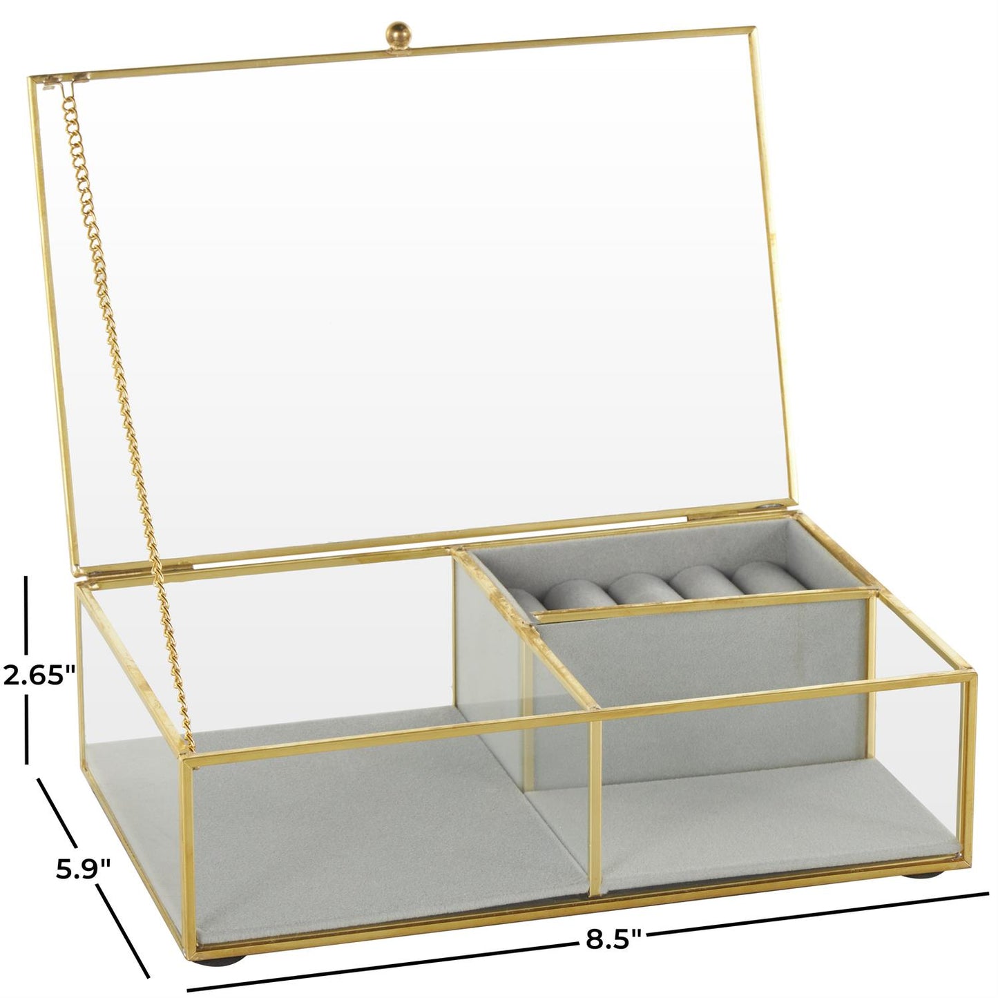 Clear Glass Jewelry Box with Gold Metal Frame and Gray Fabric Interior with Ring Slots, 9" x 6" x 3"