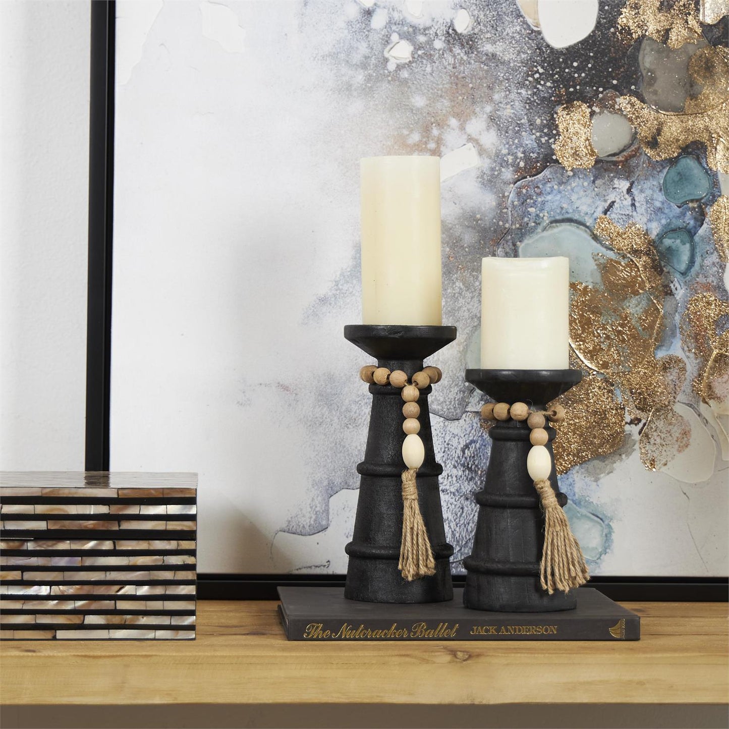 Black Wood Handmade Textured Matte Candle Holder with Beaded Garland Accent, Set of 2 10", 8"H