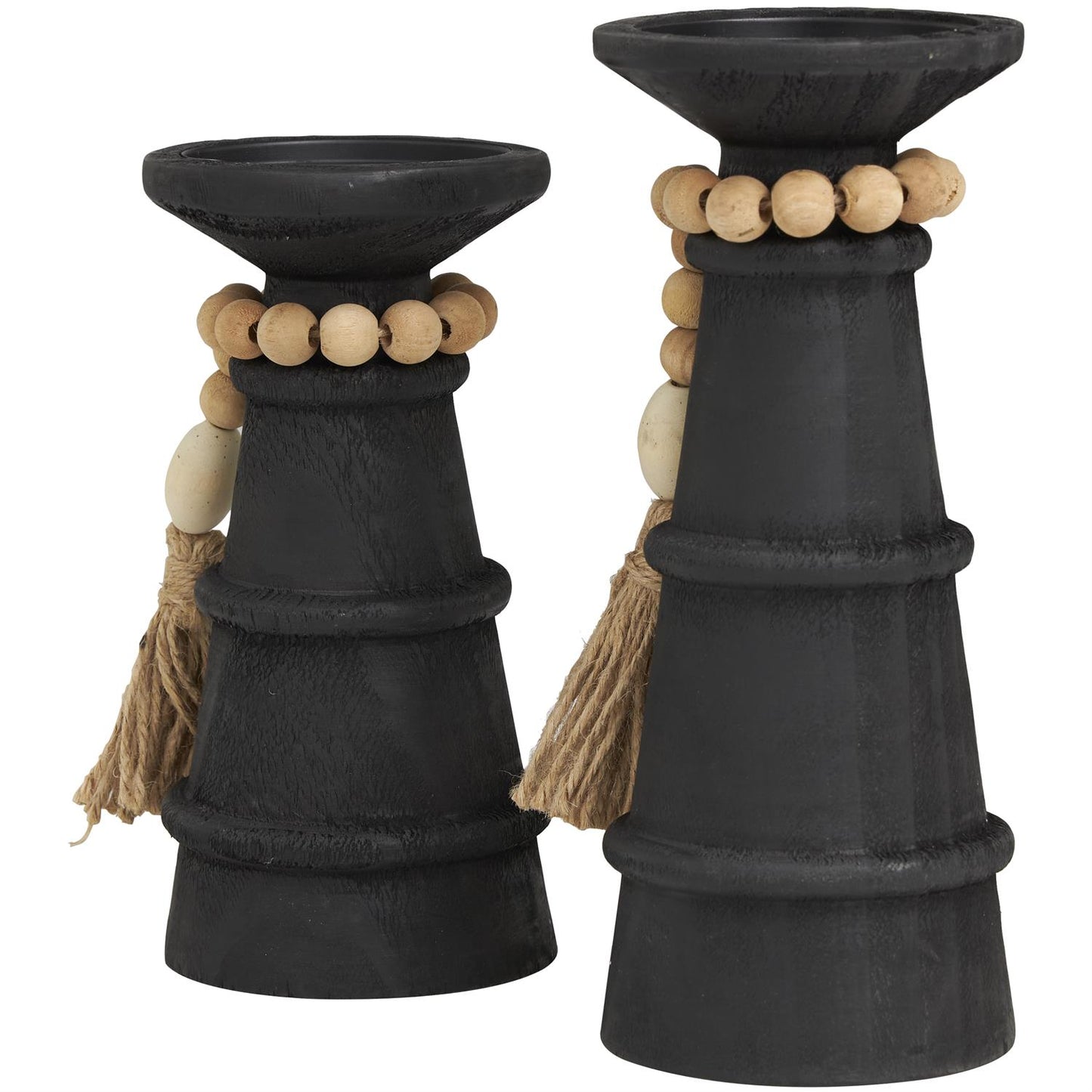 Black Wood Handmade Textured Matte Candle Holder with Beaded Garland Accent, Set of 2 10", 8"H