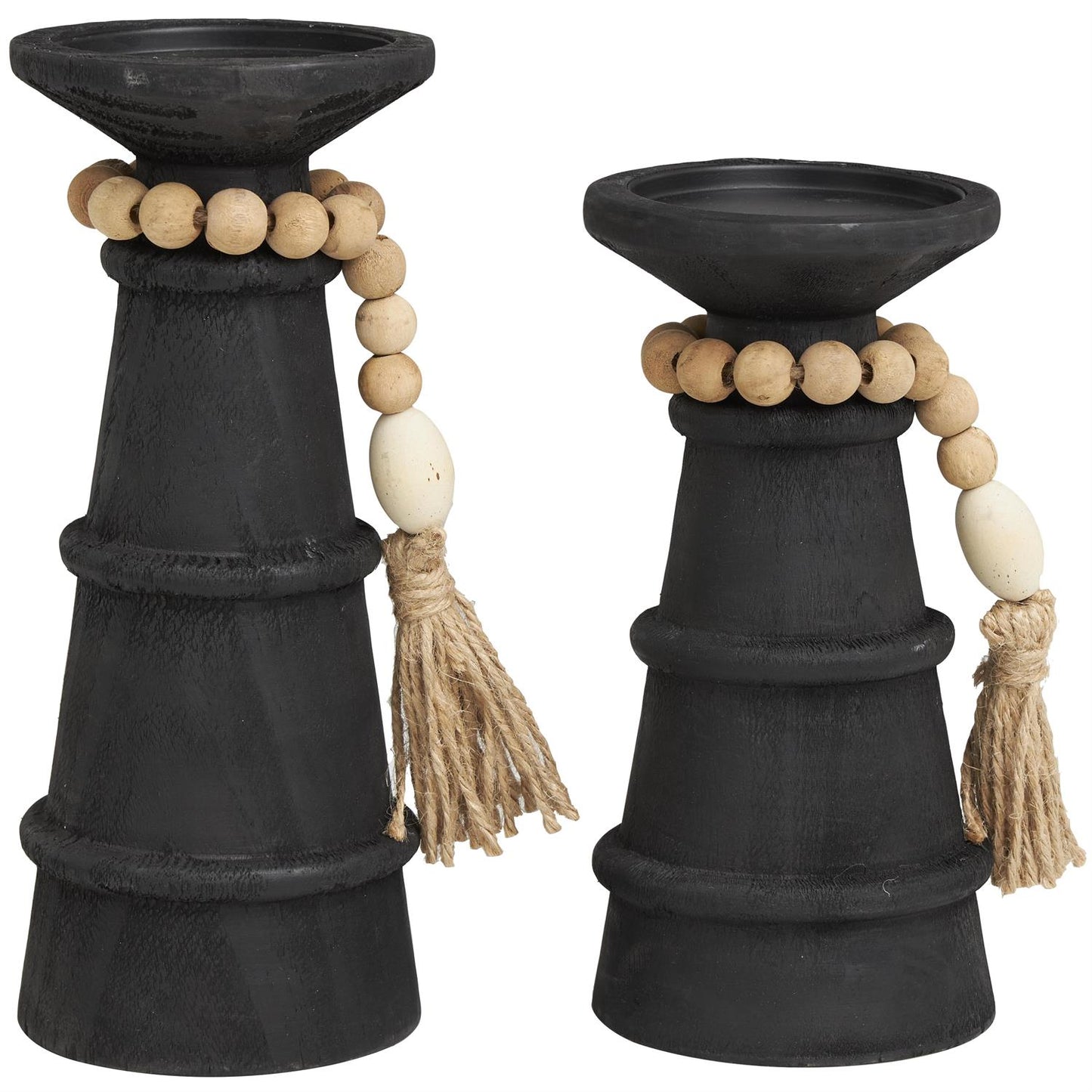 Black Wood Handmade Textured Matte Candle Holder with Beaded Garland Accent, Set of 2 10", 8"H