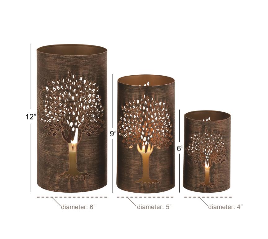 Copper Metal Tree Decorative Candle Lantern, Set of 3 12", 9", 6"H