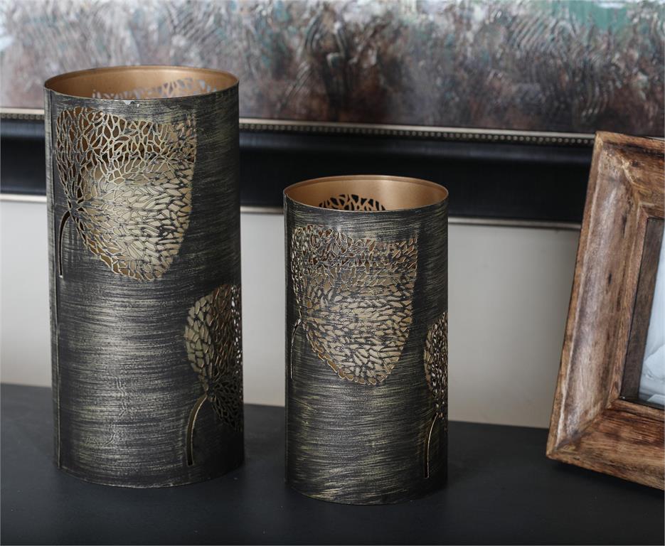 Copper Metal Leaf Decorative Candle Lantern, Set of 3 12", 9", 5"H