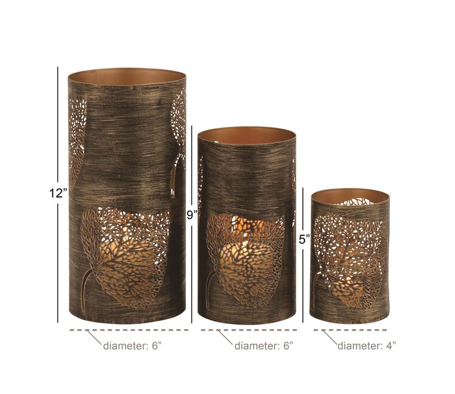 Copper Metal Leaf Decorative Candle Lantern, Set of 3 12", 9", 5"H