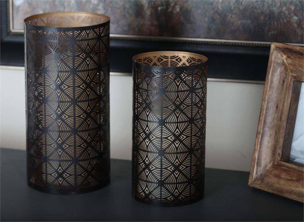 Dark Brown Metal Geometric Decorative Candle Lantern, Set of 3 12", 10", 6"H