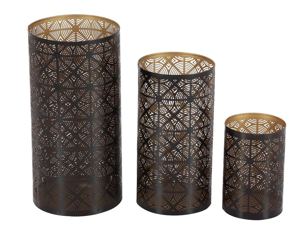 Dark Brown Metal Geometric Decorative Candle Lantern, Set of 3 12", 10", 6"H