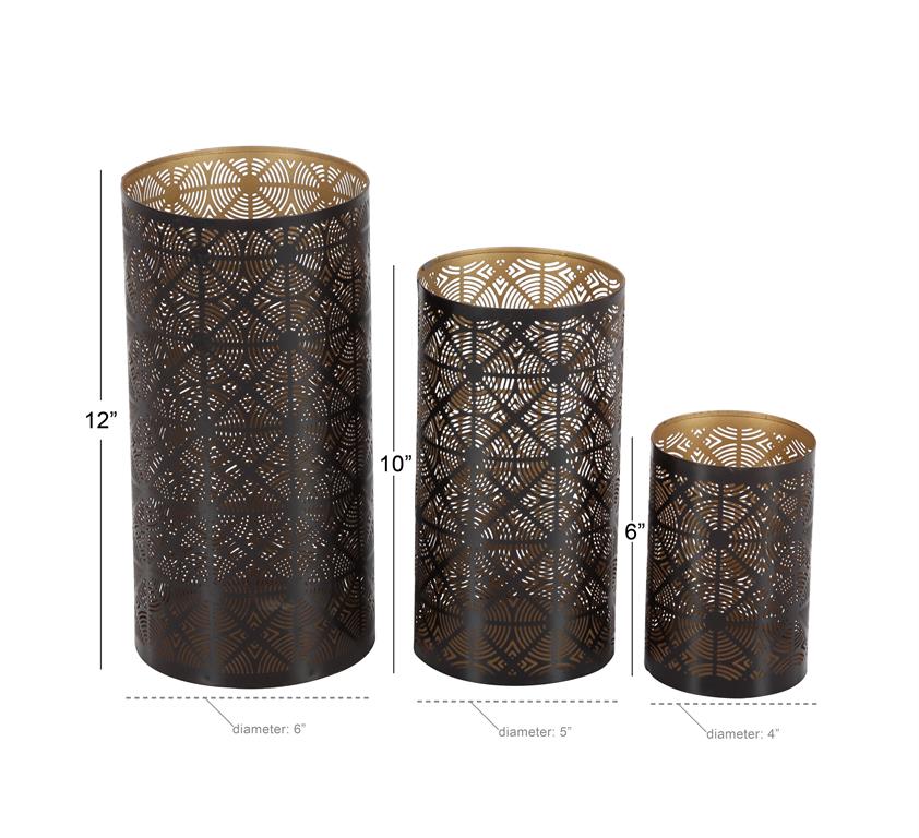 Dark Brown Metal Geometric Decorative Candle Lantern, Set of 3 12", 10", 6"H