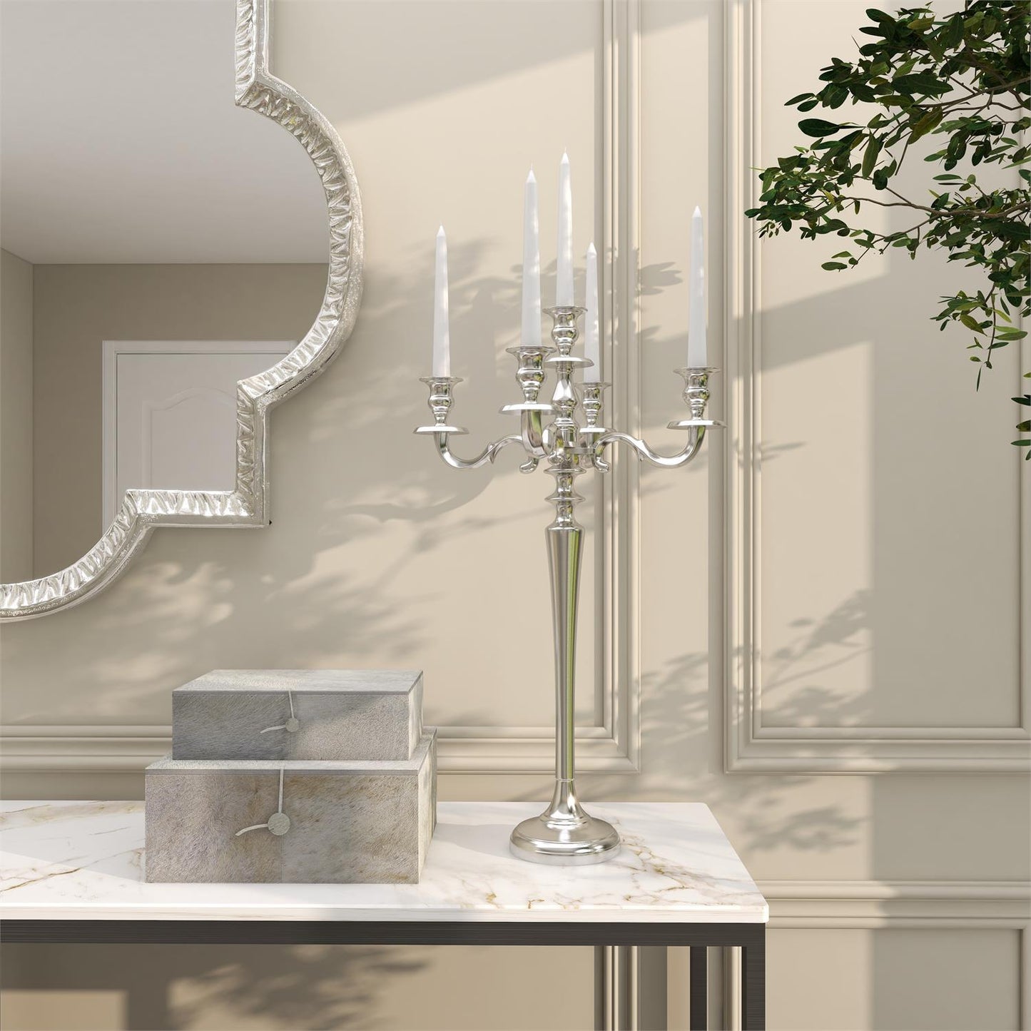 Silver Aluminum Metal Tall Candelabra, 10" x 10" x 24"