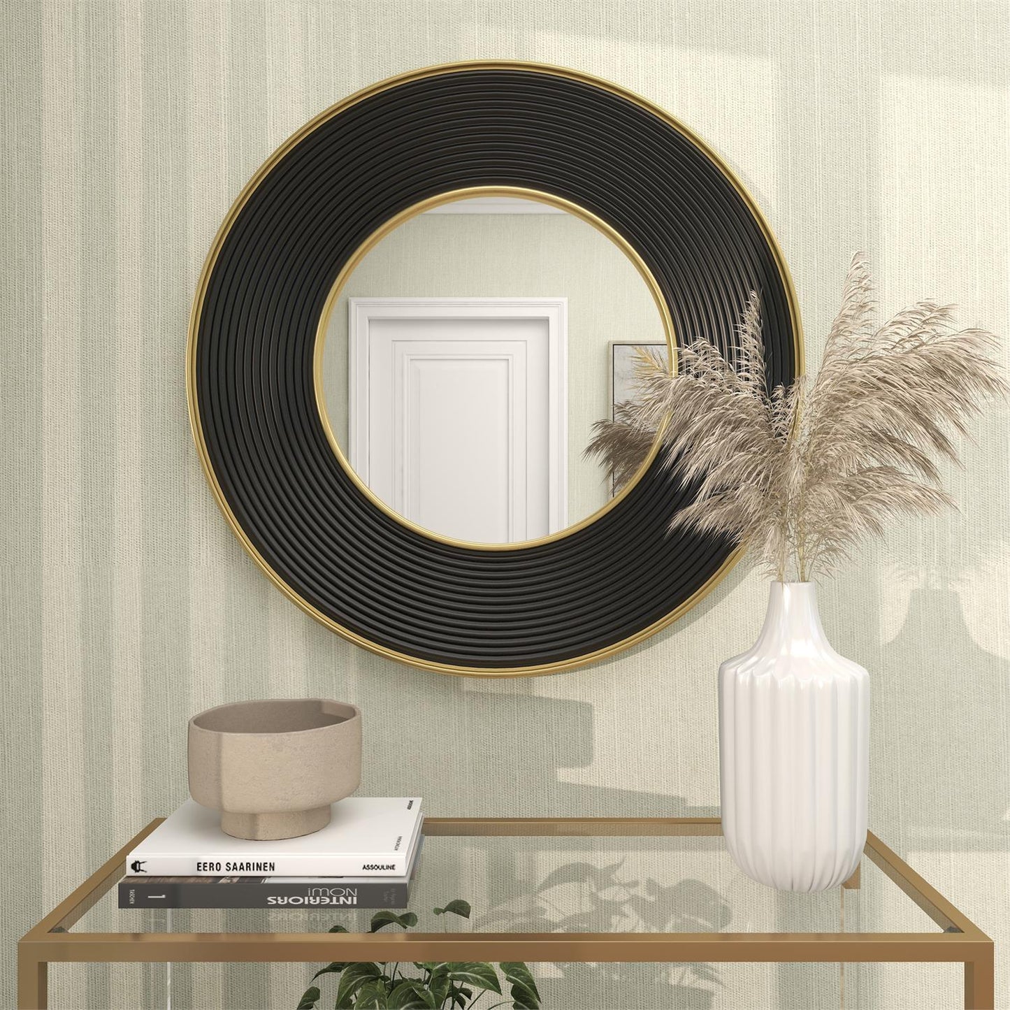 BLACK METAL WALL MIRROR WITH FLUTED FRAME, 35" X 2" X 35"