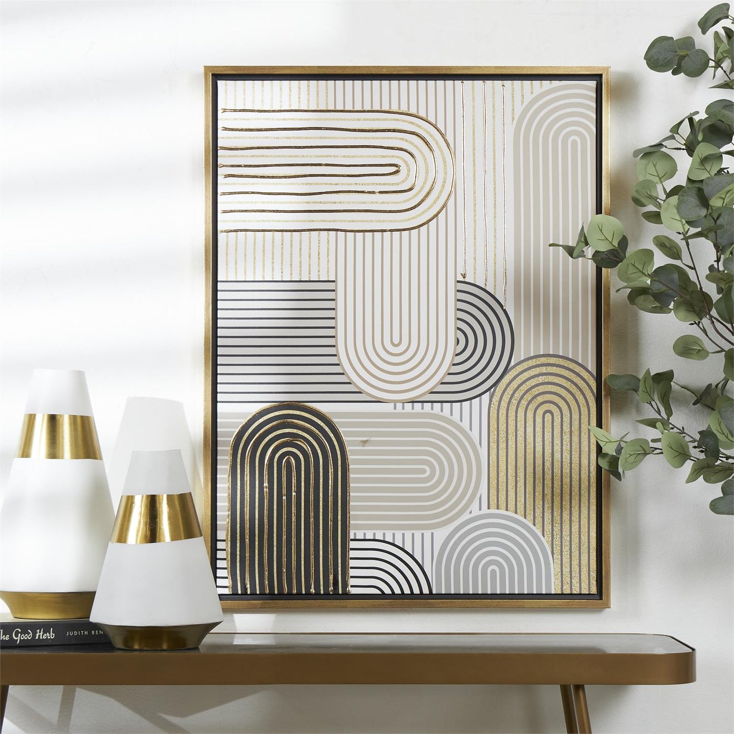 CREAM CANVAS ABSTRACT ART DECO LINEAR ARCHED FRAMED WALL ART WITH GOLD FOIL ACCENTS, 24" X 2" X 32"