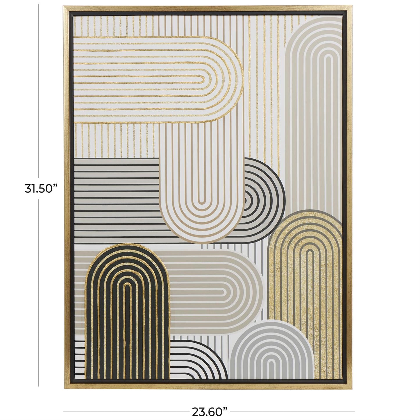 CREAM CANVAS ABSTRACT ART DECO LINEAR ARCHED FRAMED WALL ART WITH GOLD FOIL ACCENTS, 24" X 2" X 32"