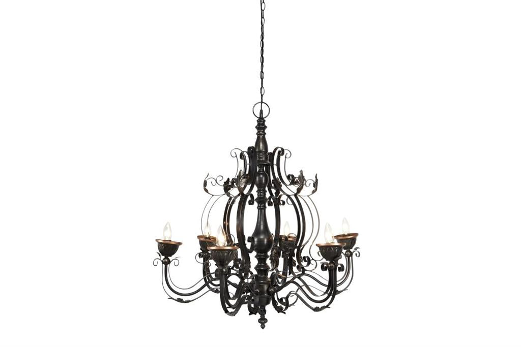 63176 Large Black Metal Chandelier Pendant Light with Scrolled Arms and Leaf Accents, 32" x 34"