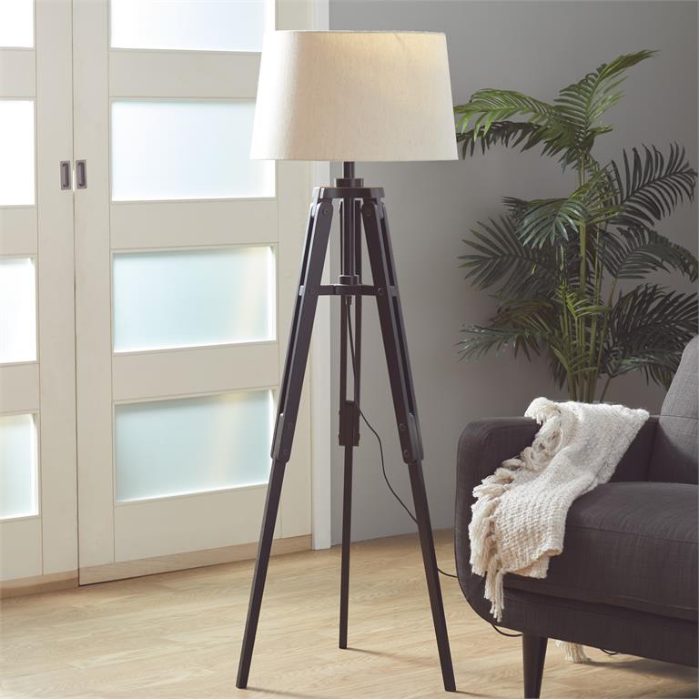 77676 Black Wood Tripod Floor Lamp with Cream Linen Shade, 21" x 21" x 62"