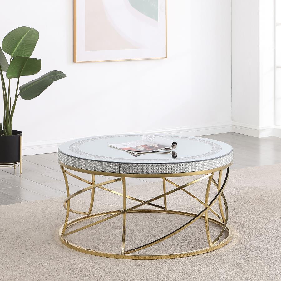 863017 Esile Round Mirror Top Stainless Steel Coffee Table Set Gold