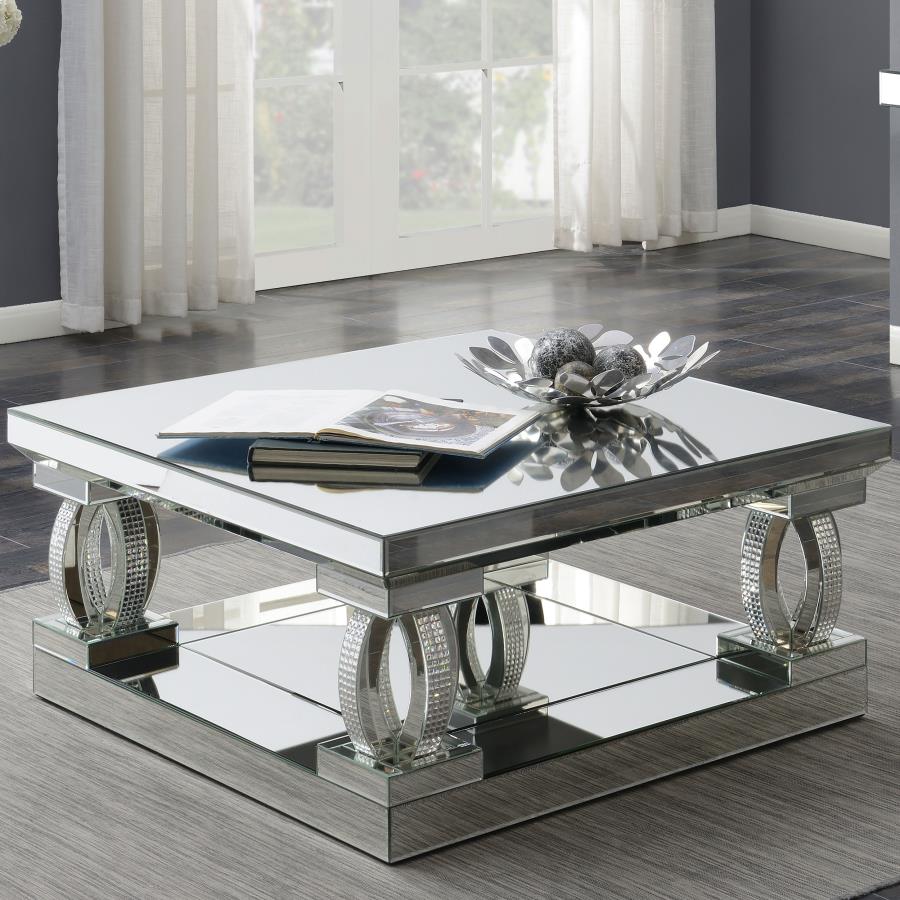 815227 Ailama Square Mirrored Acrylic Crystal Coffee Table Set Silver