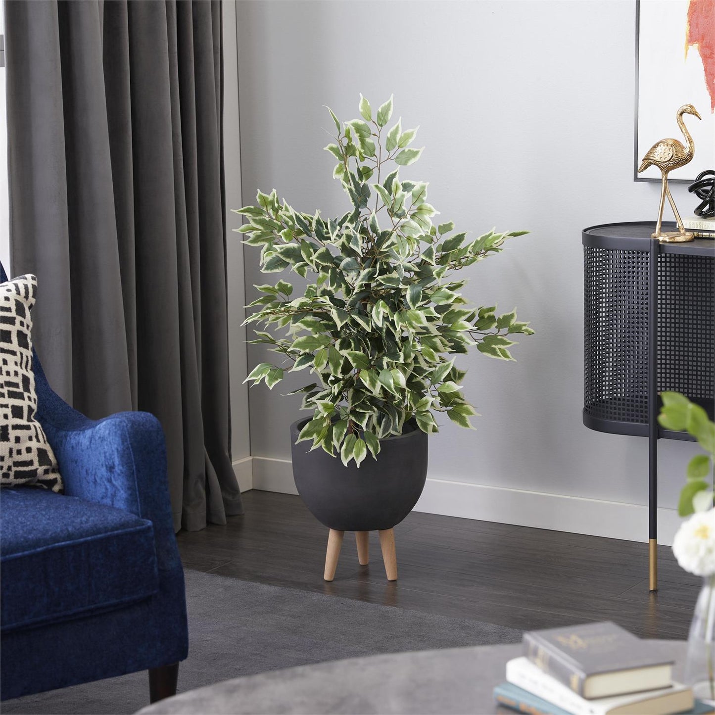 68288 Green Faux Foliage Ficus Artificial Tree with Realistic Leaves and Black Plastic Pot, 23" x 24" x 38"