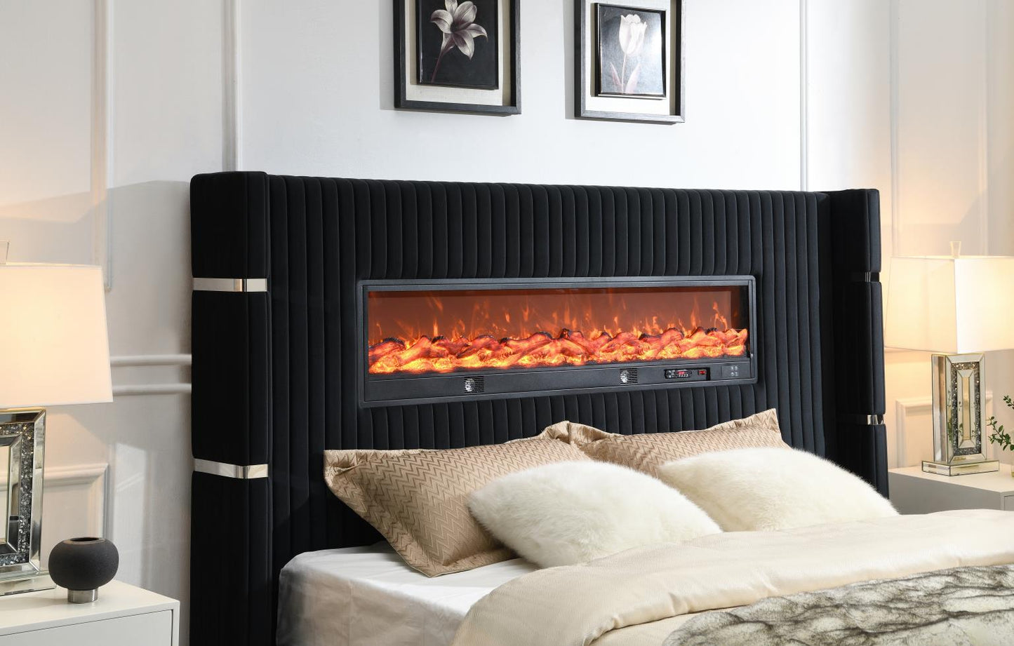 345B BLACK VELVET BED W/FIREPLACE & BLUETOOTH SPEAKER & USB