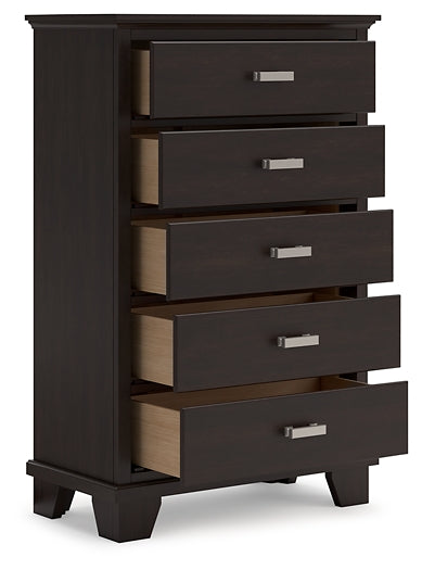 Covetown Queen Panel Bed with Mirrored Dresser, Chest and Nightstand