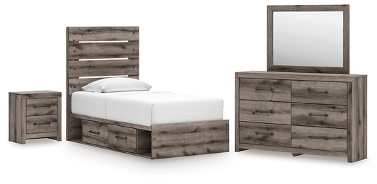 Graystorm Twin Panel Bed with Storage with Mirrored Dresser and Nightstand