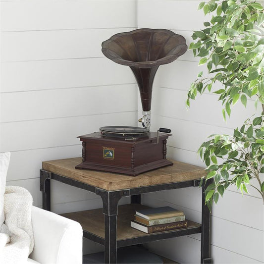 BROWN WOOD FUNCTIONAL GRAMOPHONE WITH RECORD, 19" X 17" X 27"