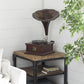BROWN WOOD FUNCTIONAL GRAMOPHONE WITH RECORD, 19" X 17" X 27"
