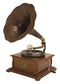 BROWN WOOD FUNCTIONAL GRAMOPHONE WITH RECORD, 19" X 17" X 27"