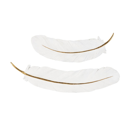 WHITE RESIN BIRD FEATHER WALL DECOR WITH GOLD FOIL ACCENT, SET OF 2 30", 23"W