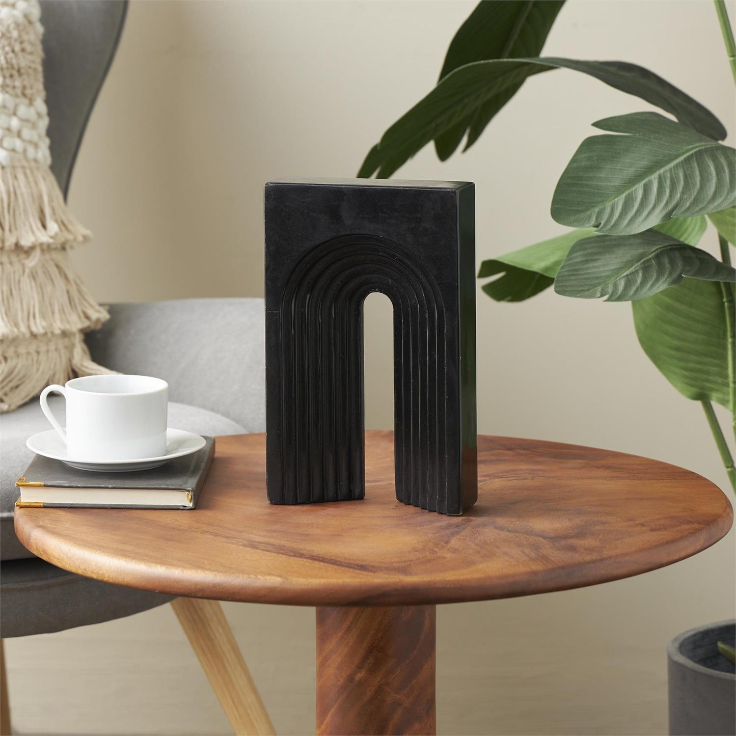 Black Marble Geometric Rectangular Sculpture with Arched Groove Interior, 7" x 2" x 11"