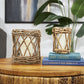 Clear Glass Handmade Candle Holder with Brown Rattan Woven Exterior, Set of 2 10", 8"H Item #: 14282