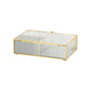 Clear Glass Jewelry Box with Gold Metal Frame and Gray Fabric Interior with Ring Slots, 9" x 6" x 3"